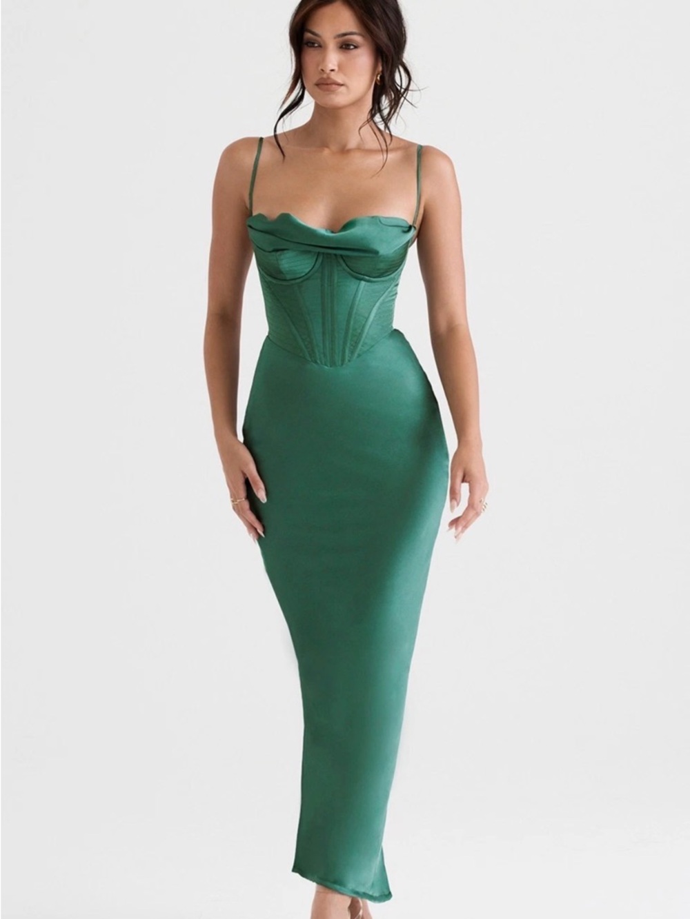 Emerald Green Corset-Style Satin Maxi Dress